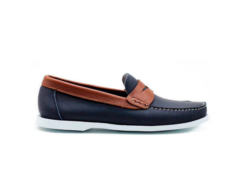 Zapato de cuero para hombre loafers casual color azul con detalle café