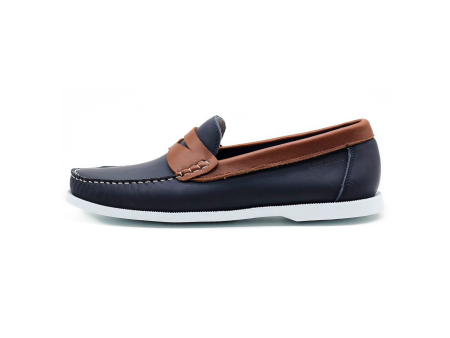 Zapato de cuero para hombre loafers casual color azul con detalle café