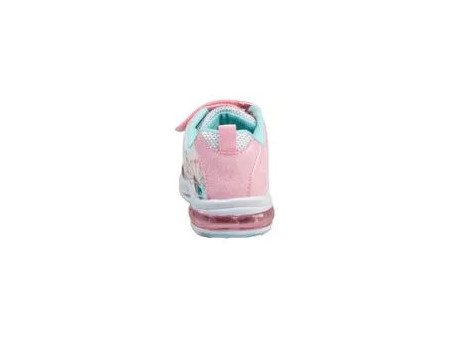 Zapatos deportivos para niña pequeña, color rosa y detalles de color verde.